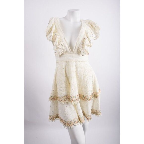 Farm Rio Womens Eyelet Patch Beaded Dress XS Off-White Short Sleeve NWT Farm Rio Womens Eyelet Patch Beaded Dress XS Off-White Short Sleeve NWT